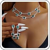 Janiasly Delicate Crystal Emerald Jewelry Set Double Layer Gemstone Choker Necklace and Drop Earrings Silver Rhinestone Wedding Bridal Statement Accessories for Women