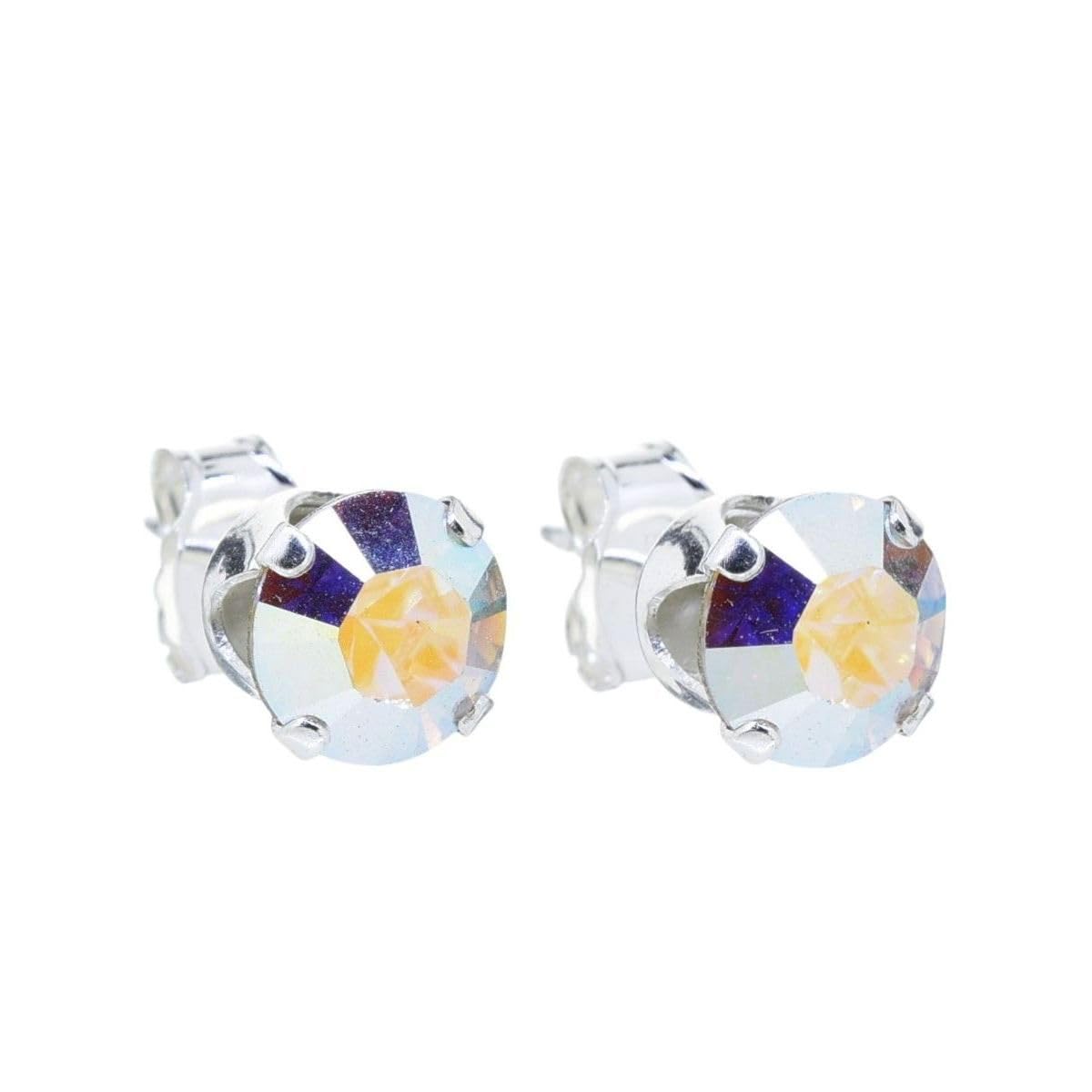 pewterhooter 6mm Sterling Silver Crystal Stud Earrings for Women (Aurore Boreale)