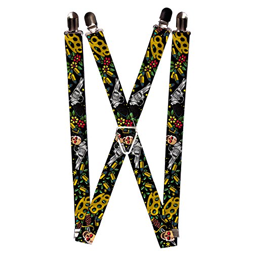 Skull Brass Knuckles Bullets Flowers Collage on Black Suspenders