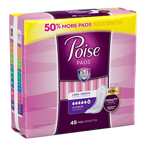 Poise Incontinence Overnight Pads, Ultimate Absorbency, Long, 45 Count