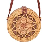 Handwoven Round Rattan Crossbody Bag Handmade Shoulder Handbag for Women/Girls with Leather Straps