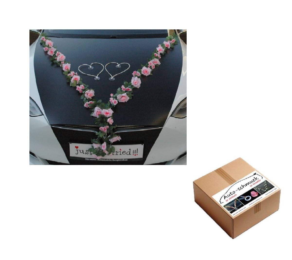 Auto-schmuck so einfach so kreativ VIP Garland 30 Azaleas 30 Roses 18 Extra Strong Suction Cups 2 x 180 cm Garland 4 Door Handle Decorations 2 Rattan Hearts Bride Couple Car Decoration (Pink 2)
