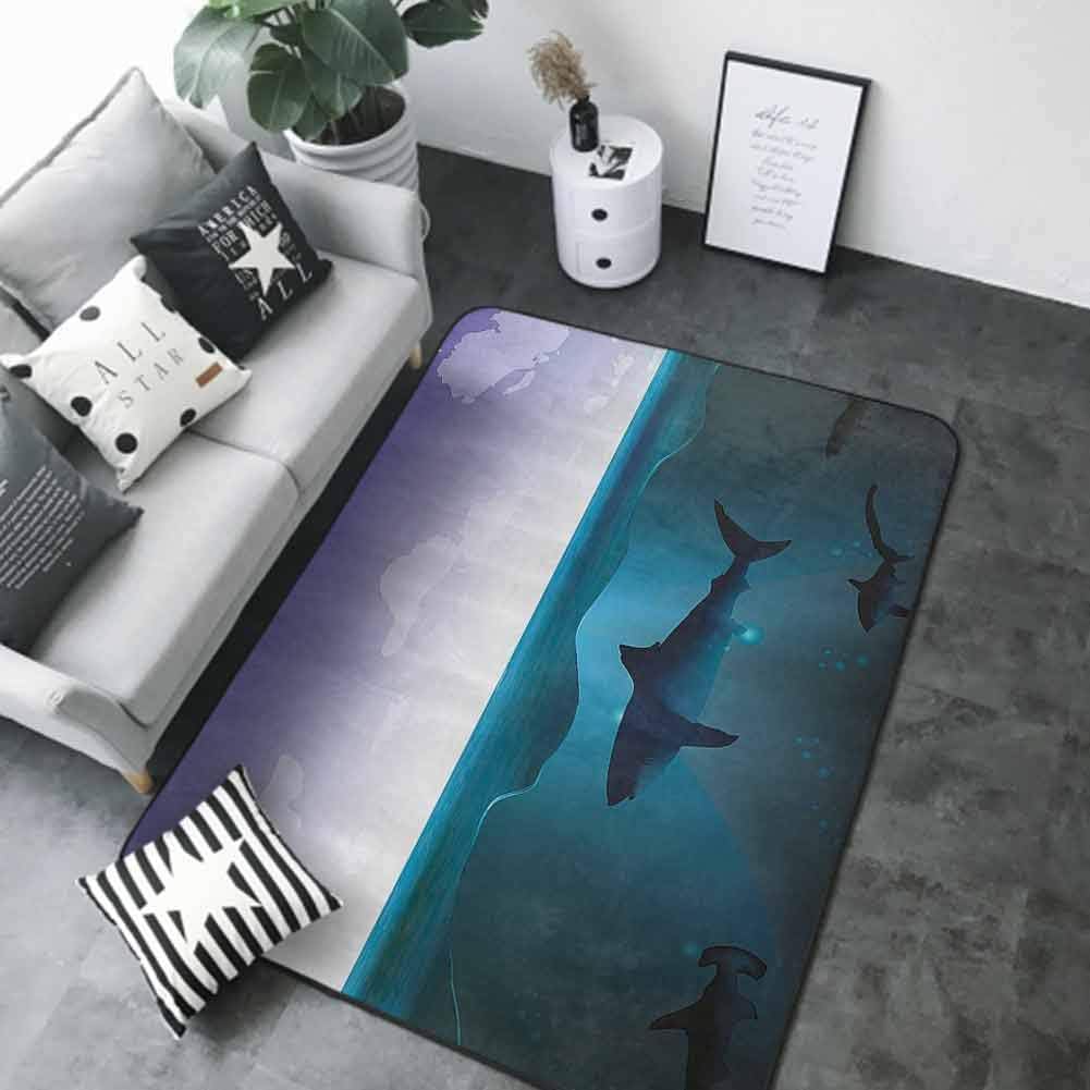 Indoor/Outdoor Rubber Mat Underwater,Wild Sharks Swimming in Sea Atlantic Ocean Peace Clouds Marine Design,Violet Petrol Blue 48"x 60" Printed Carpet
