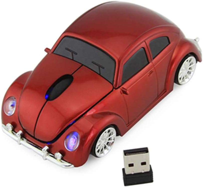 BINGFEI Wireless 2.4G Car Mouse USB Optical 1600DPI Ergonomic Mini VW Beetle Car Gaming Mause for PC Notebook Laptop Gift Mice,Red