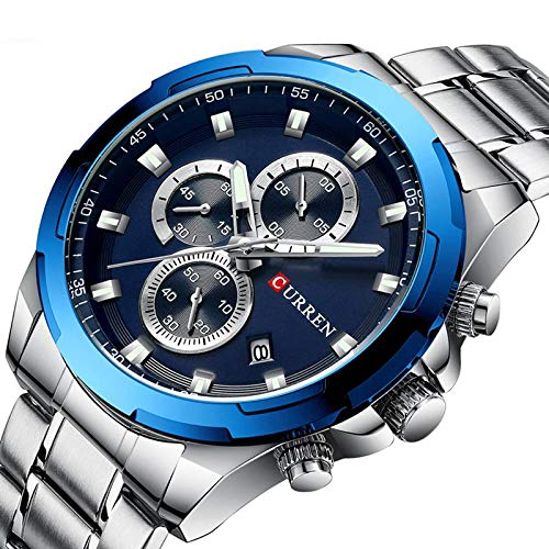 Curren 8354 - Reloj de Pulsera Deportivo para Hombre, con múltiples Zonas horarias, Fecha, Acero Inoxidable, Color Azul - Imagen 3