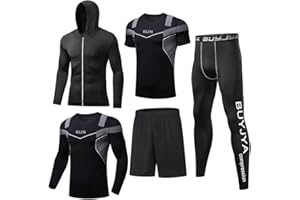 BUYJYA 5Pcs Men's Compression Pants Shirt Top Long Sleeve Jacket Athletic Sets Gym Clothing Mens Workout