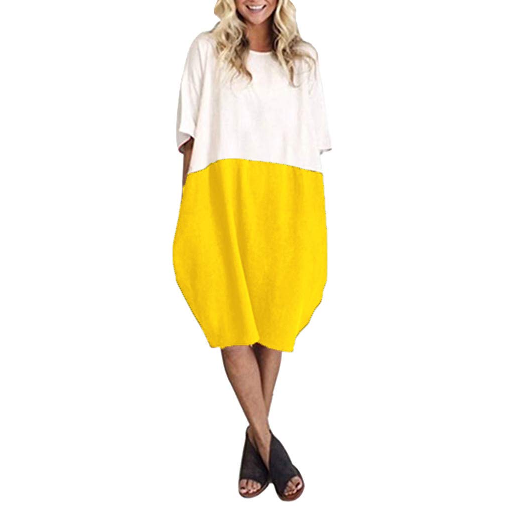 POTO Women Dresses, Loose Color Stitching Casual Dresses with Pockets Cotton Linen Tunic Dress Party Dress Beach Dress