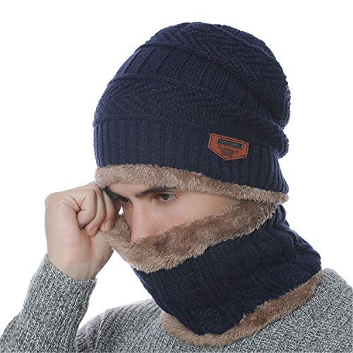 [- EREACH Unisex Winter Beanie Hat Scarf Set Double Layered Warm Knitted Hat with Fleece Liner Slou