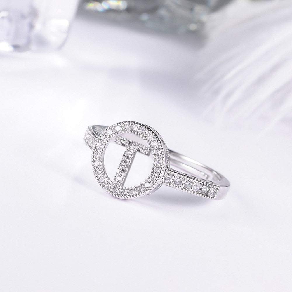 Open Ring For Women,Vintage Adjustable Open Silver Round Hollow Letter T Micro-Inlay White Zircon Jewelry For Wedding Party Women Men Couple