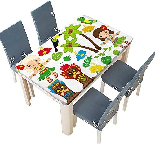 PINAFORE Printed Fabric Tablecloth Hawaiian Cute Little Girl in Grass Skirt with Hibiscus in Hair and flowergarland Dancing Washable Polyester W45 x L84.5 INCH (Elastic Edge)
