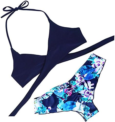 DAPOTO Womens Vintage Padded Bikini Floral Printing Swimsuit 2 Piece(FBA) (L, Navy Blue Floral)
