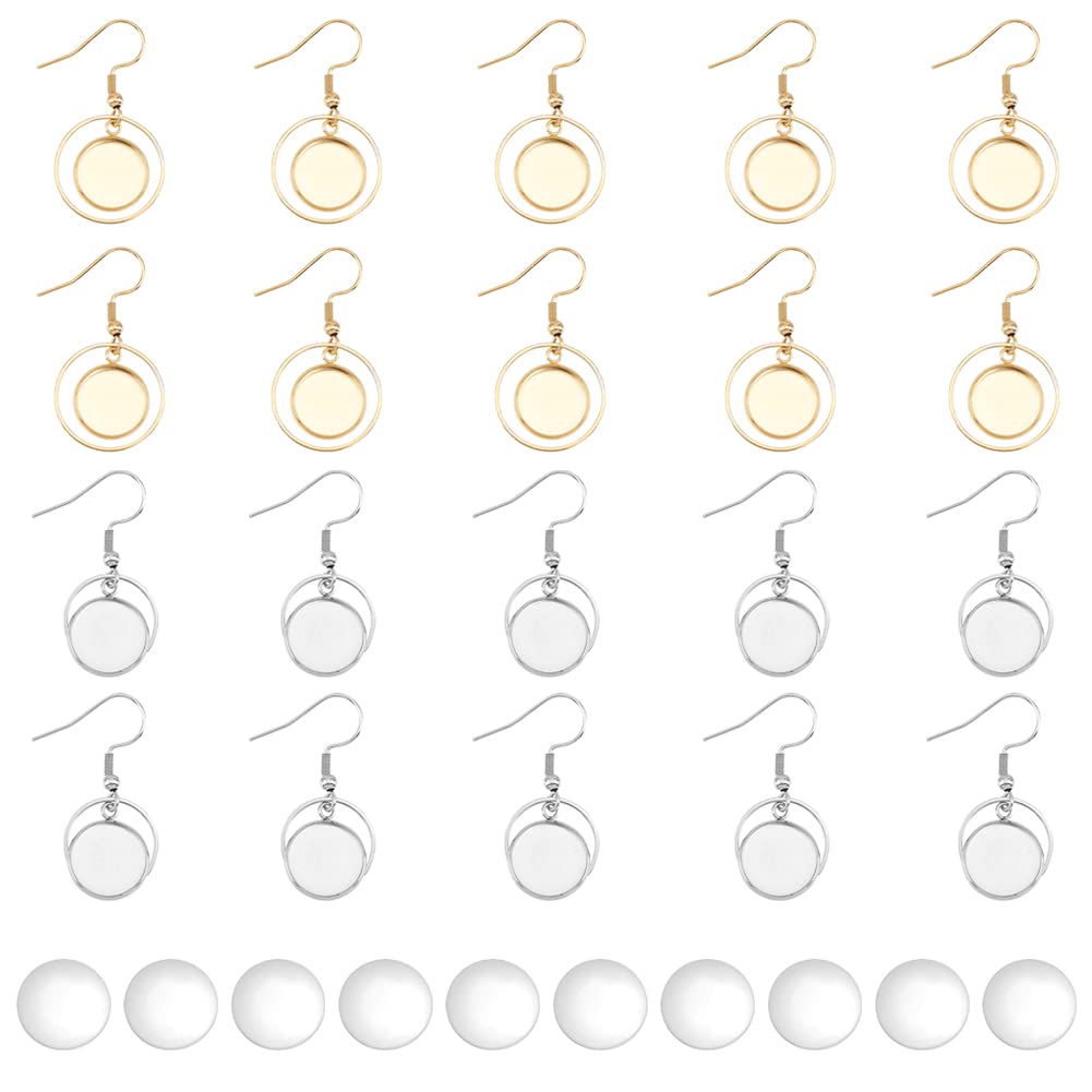 DICOSMETIC 2 Colors Bezel Tray Earrings Cabochon Earring Hooks Making Kit 20Pcs 12mm Stainless Steel Flat Round Tray Pendant and 20Pcs Glass Cabochons for Earring Jewellery Making