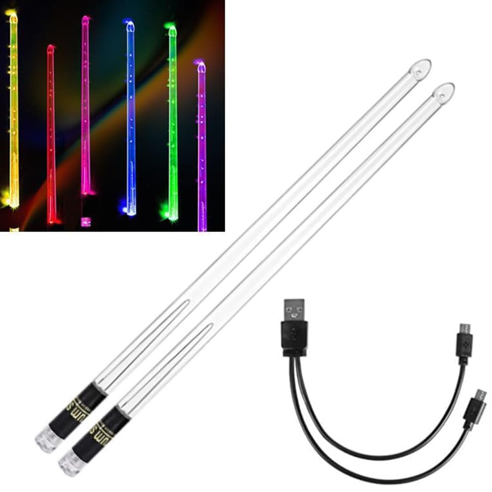 MuzcYM Rechargeable LED Light Up 15 Color Gradient Glow Drum Sticks Durable Professional Cool LED PC Polymer Material Drumsticks Drummer Gifts for Adults (2 pcs)