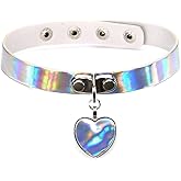 MUZHE Rainbow Heart Collar Leather Choker for Women Adjustable Gothic Punk Love Catwoman Necklace Heart Choker Valentine's Day Gift Rave Costume Accessories