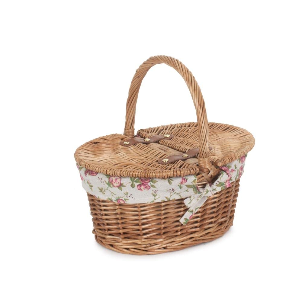 Red Hamper EH103R Garden Rose Lining Light Steamed Finish Oval Wicker Picnic Basket