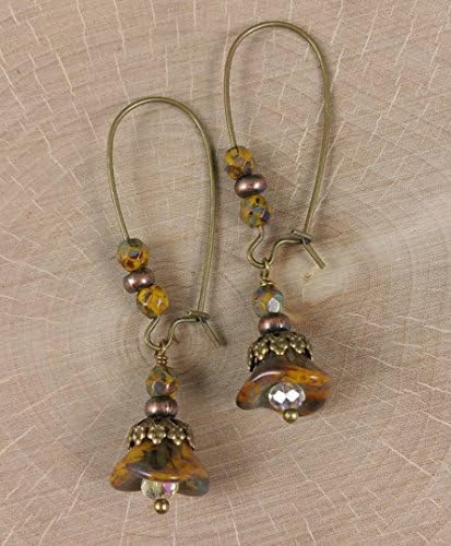 Mustard Yellow Picaso Flower Filigree Antique Brass Earrings with Crystals