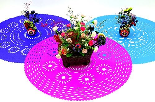 3 Pack of Mexican Papel picado Place mats, Fiesta Party Decorations, Mexican Centerpiece Table Decorations, Paper Doily 23 Inches Across, Perfect for Birthdays, Weddings Royal Blue, Pink, Turquoise
