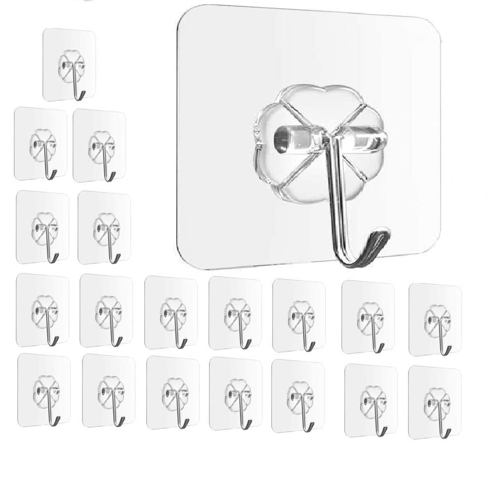 Strong Self Adhesive Hooks, Reusable Wall Hooks for Hanging, Waterproof and Transparent Wall Hooks, Pack Size 20