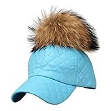 LITHER Women's Adjustable Baseball Cap Real Raccoon Fur Pompoms for Outdoor
