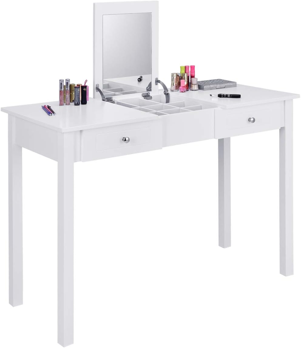 Amazon Com Goflame Vanity Table With Flip Top Mirror Makeup Dressing Table With 9 Organizers And 2 Drawers For Different Sized Makeup Accessories Solid Structure Writing Table Easy Assembly White Kitchen Dining
