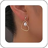 Andelaisi Boho Heart Pearl Dangle Earrings Vintage Hollow Heart Drop Earrings Gold Pearl Stud Earrings Minimalist Pearl Heart Earrings Jewelry for Women