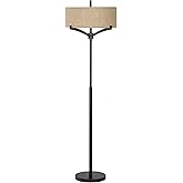 Franklin Iron Works Tremont Modern Mid Century Floor Lamp Standing 62" Tall Deep Bronze Metal Tan Burlap Drum Shade for Livin