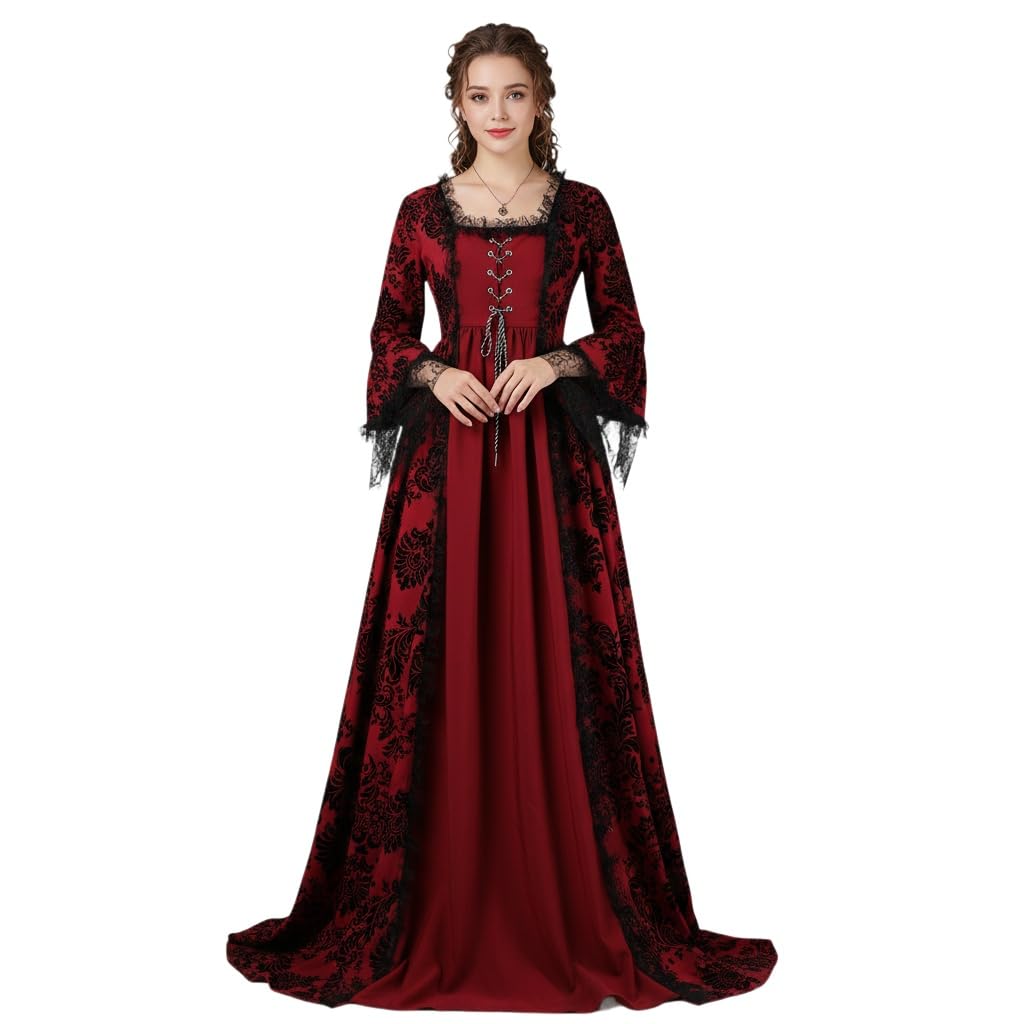 ZNLFS Women's Medieval Victorian Ball Gown Gothic Renaissance Costume Dress with Lace Bell Sleeves Square Neckline Royal Halloween Fancy Dress (Wine Red, X-Large)