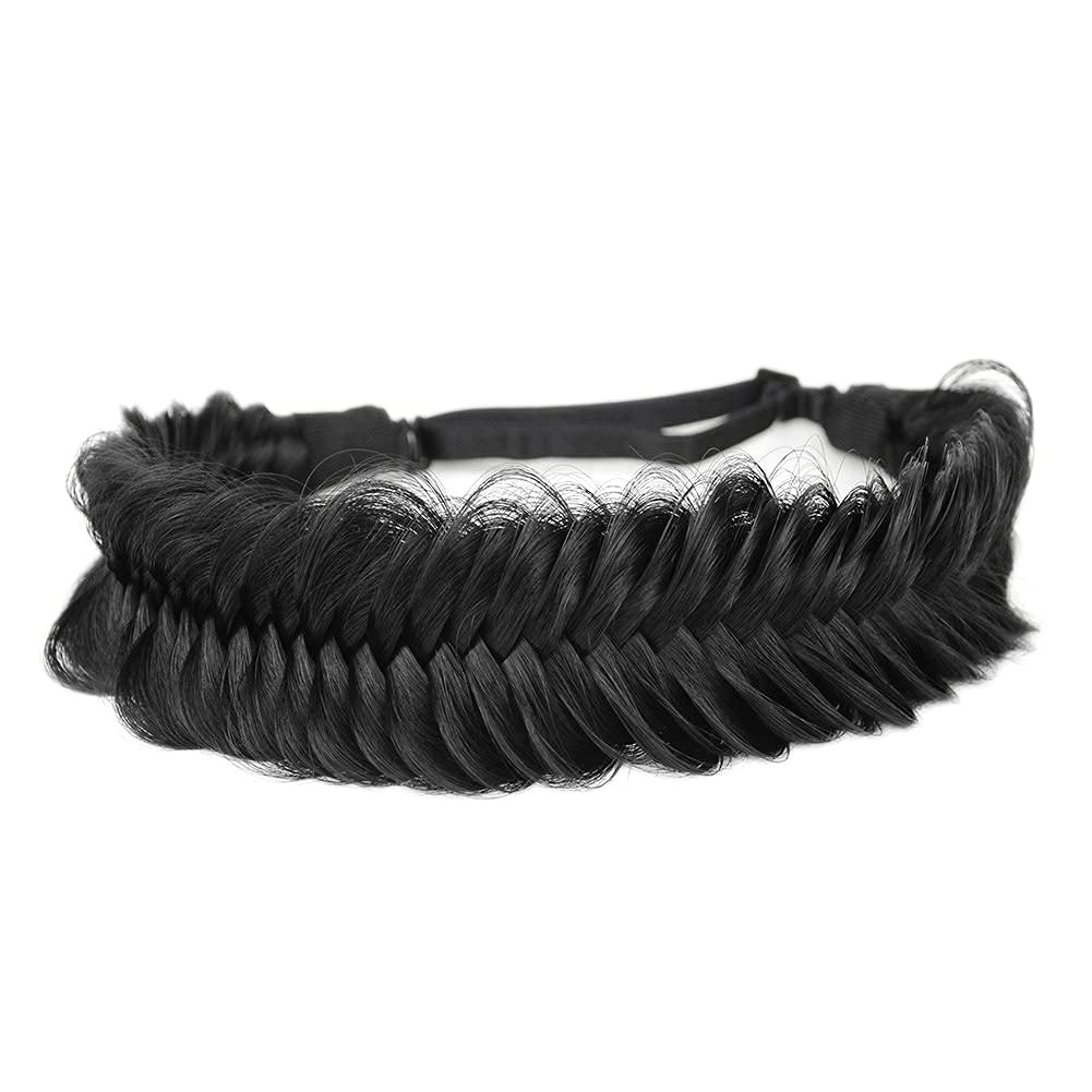 BOBIYA Wide Fishtail Synthetic Hair Braided Headband Classic Chunky Plaited Braids Elastic Stretch Hairband Women Girl (Black) — image 1