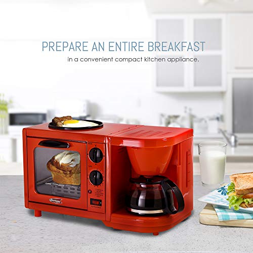 Maxi-Matic EBK-200R Coffee Maker Toaster Oven Griddle 3-in-1 Multi-function Breakfast Center, Regular, Red