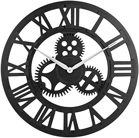 23" inch Noiseless Silent Non-Ticking Wall Clock - Large 3D Retro Rustic Country Decorative Luxury Art Big Wooden Vintage for House Warming Gift, Roman-Black