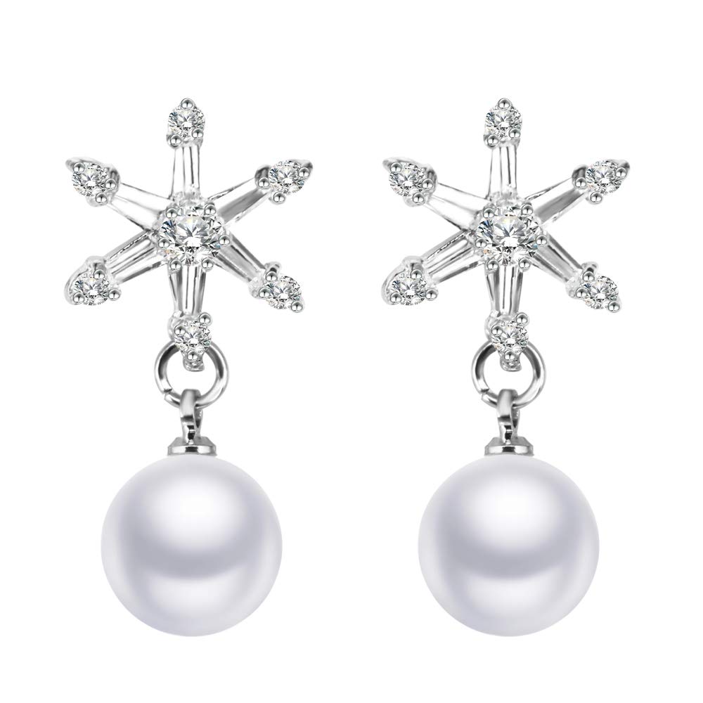 BiBeary Women elegant Zirconia Simulated Pearl Star Snowflake Dangle Earrings Silver-Tone