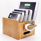 Levin Detachable Baffles Charging Station with Apple Watch Stand Bamboo Charging Organizer for iPhone, iWatch, Samsung,GoPro, Smart Phones & Tablets