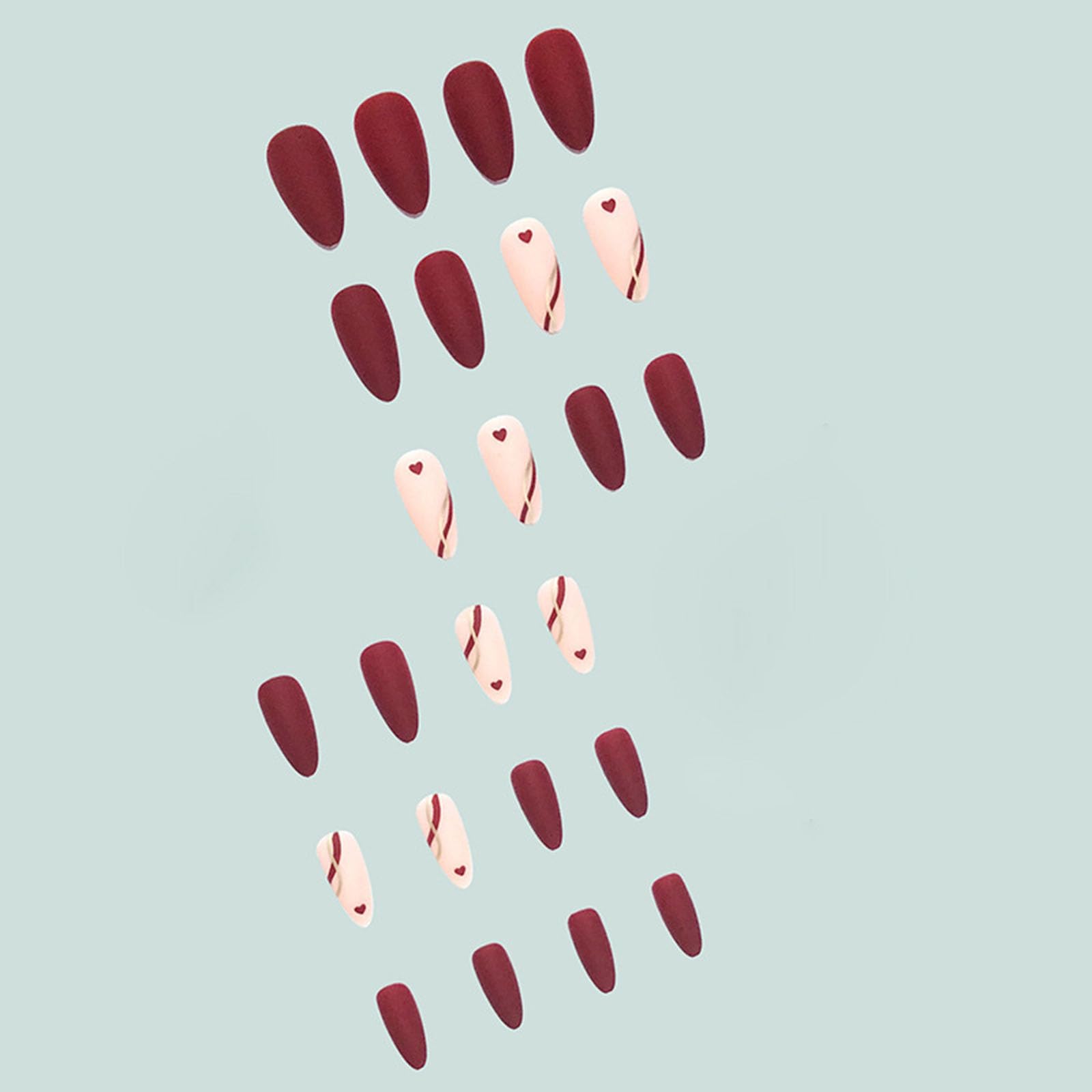 Nails Red Press on Nails Medium Almond Heart Fake Nails Matte False Nails with Line Design Nude Pink Glue on Nails Glossy Acrylic Nail Full Cover Stick on Nails for Women 24 Pcs - Image 3