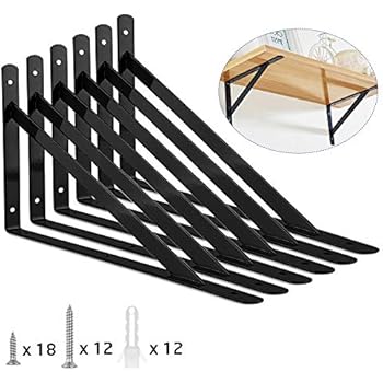 Heavy Duty Shelf Bracket, ORIGA 9.8 x 6.3 Inch Shelf L Brackets 90 Degree Shelf Support Corner Brace Joint Right Angle Brackets with 20pcs Screw and 8pcs Anchors, 6-Pack, Black