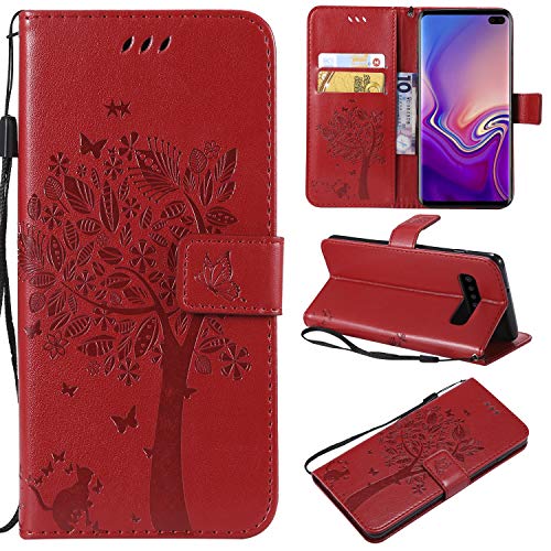 NOMO Galaxy S10 Plus Case,Samsung S10 Plus Wallet Case,Galaxy S10 Plus Flip Case PU Leather Emboss Tree Cat Flowers Folio Magnetic Kickstand Cover with Card Slots for Samsung Galaxy S10 Plus Red
