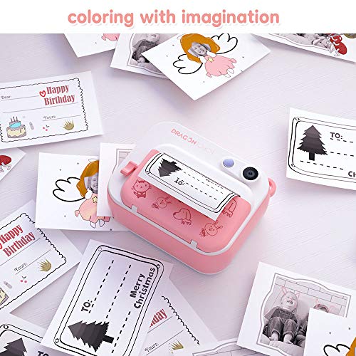 Dragon Touch InstantFun Instant Print Camera for Kids, Zero Ink Toy Camera with Print Paper, Cartoon Sticker, Color Pencils, Portable Digital Creative Print Camera for Boys and Girls - Pink - Thumbnail 2