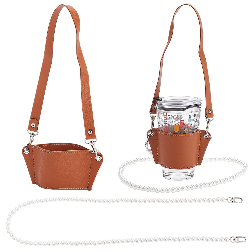 WADORN PU Leather Coffee Cup Sleeve, PU Leather Cup Holder with Handle: 100cm Heat Resistant Reusable Cup Sleeve for Hot Cold Drink, Brown