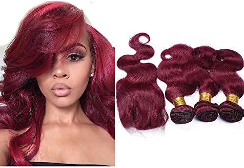 Mila 3 Bundles Pre-colored Human Hair Weave Burgundy 99J Brazilian Virgin Hair Body Wave 100% Remy Hair Weft 100g/Bundle with Lace Closure (18"18"18"+14"closure)