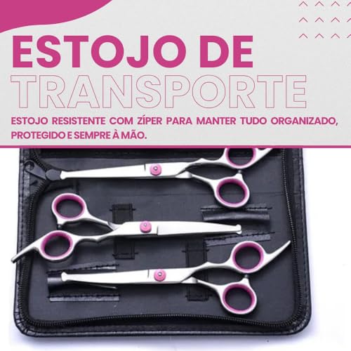 Kit Tesoura de Tosa para Cães e Gatos - Ponta Arredondada Segura para Pet - Tesoura de Tosa Ergonômica e Afiada de Aço Inox para Cortar Pelos de Animais - UpShop (Prata e Rosa)