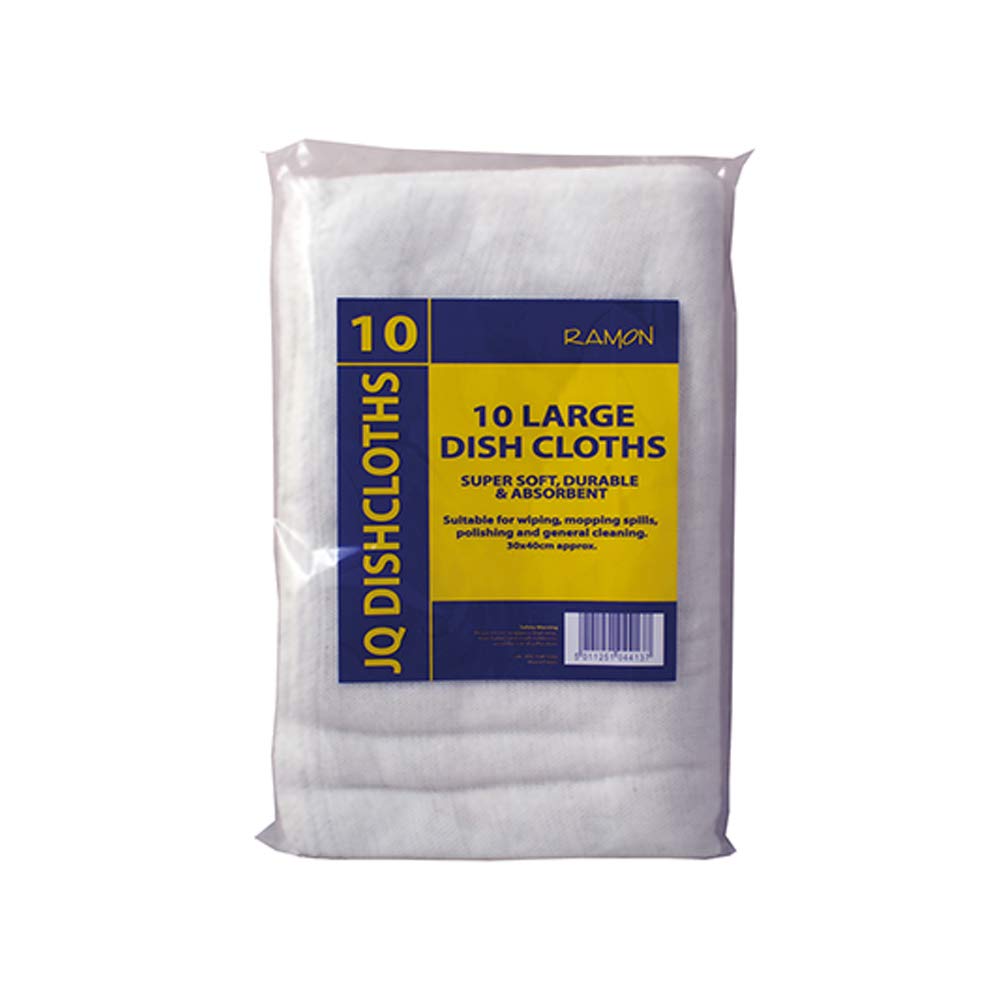 Ramon Hygiene 10 Large White Dishcloths, White Overlock, 30 x 40 cm, Durable, Super Absorbent, Machine Washable, General Soft Cleaning Cloths