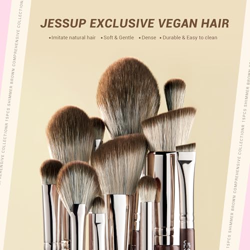 Jessup T498 15-Piece Professional Makeup Brush Set for Foundation Powder, Concealer, Eyebrows, Eyeshadow, Contour, Eyeliner, Blending Eyeshadow Brush, Brown