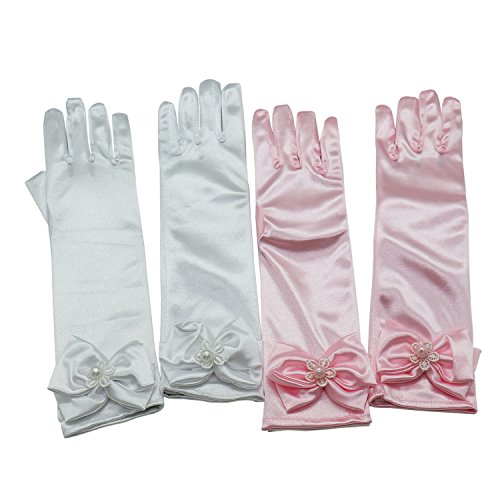 Rocinha 2 Sets Kids Girls Satin Bowknot Formal Gloves Girls Princess Costume Gloves for Cosplay Party ,Pink&White