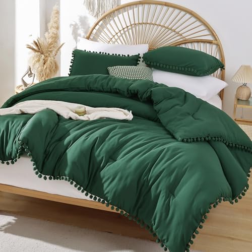 YIRDDEO King Size Comforter Set - King Size Comforter with Ball Pom Fringe, Soft King Bedding Set for All Seasons - 3 Pieces, 1 Comforter (104"x90"inches) & 2 Pillow Shams(20"x36"), Emerald