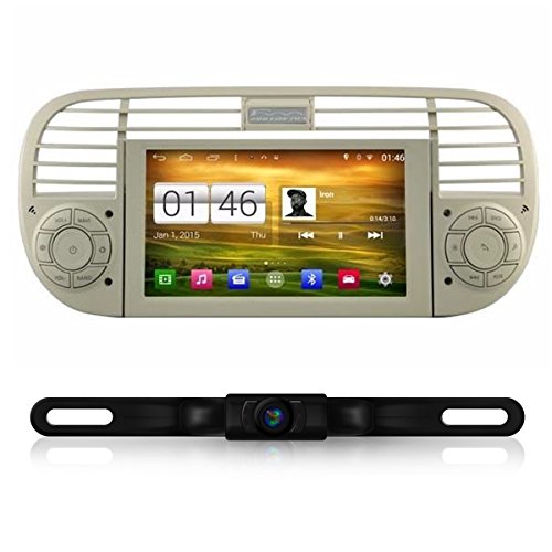 IOKONE Touch Screen Android 4.4 Quad Core 1 Din Car Stereo with GPS Navigation System Radio DVD Player + Rear View Camera for Fiat 500 2007 2008 2009 2010 2012 2013 2014 2015