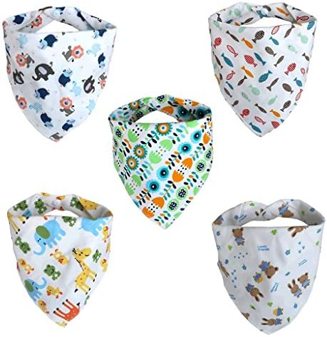 Eunice Cotton Baby Bandana Drool Bibs with Snaps for Boys & Girls Pack of 5 Cute Unisex Baby Gift Set ( Lion, Elephant, Chicken, Rabbit & Fishes )