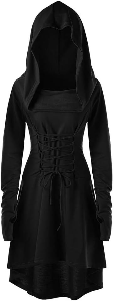 Yihaojia Women DressWomen Hooded Sweatshirt Dress Long Sleeve Bandage Medieval Vintage Lace Up High Low Cloak Robe