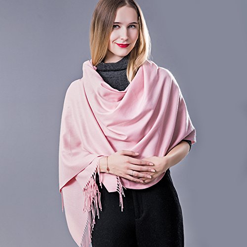 EVRFELAN Women Winter Warm Scarf Soft Cashmere Fringe Tassel Pashmina Pure Color Shawl Stole Wrap (Pink)