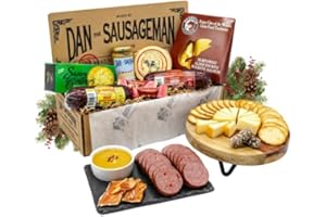 Dan the Sausageman Silver Star Gourmet Meat & Cheese Gift Box – Original & Garlic Summer Sausages, Sweet Hot Mustard, Sockeye Salmon, Water Crackers, Almond Roca – 8-Item Holiday Snack Box