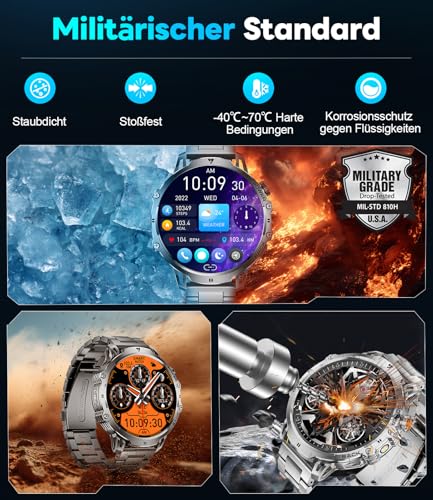 LIGE Military Smartwatch Men - 1000 mAh/1.85 Inch HD Large Touch Screen/LED Light, Fitness Watch with 110+ Sports Modes, Heart/Sleep Tracking, 2 Bracelets, IP68 Waterproof, Sports Watch for iOS/Android, Black