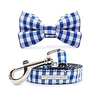United Pups Modern Pups Blue Gingham Plaid Collar with Bow Tie and Leash (Medium)